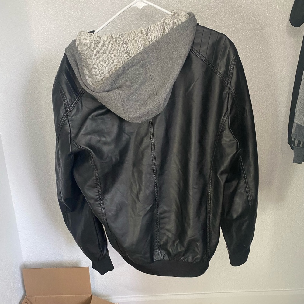 Black leather jacket with cotton hood (removable)